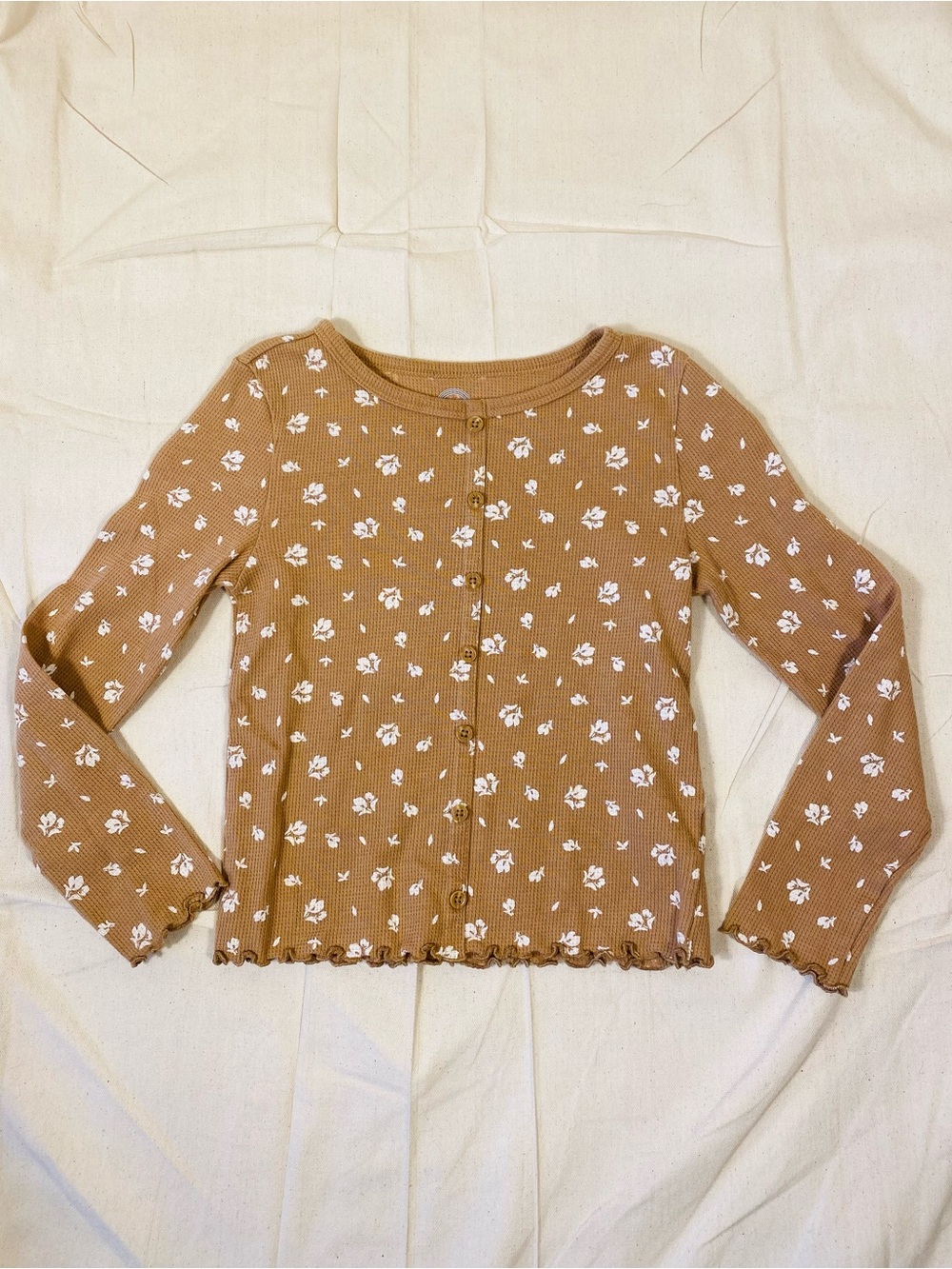 Girls Wonder Nation Tan Floral Long Sleeve with Faux Buttons and Ruffle Hem